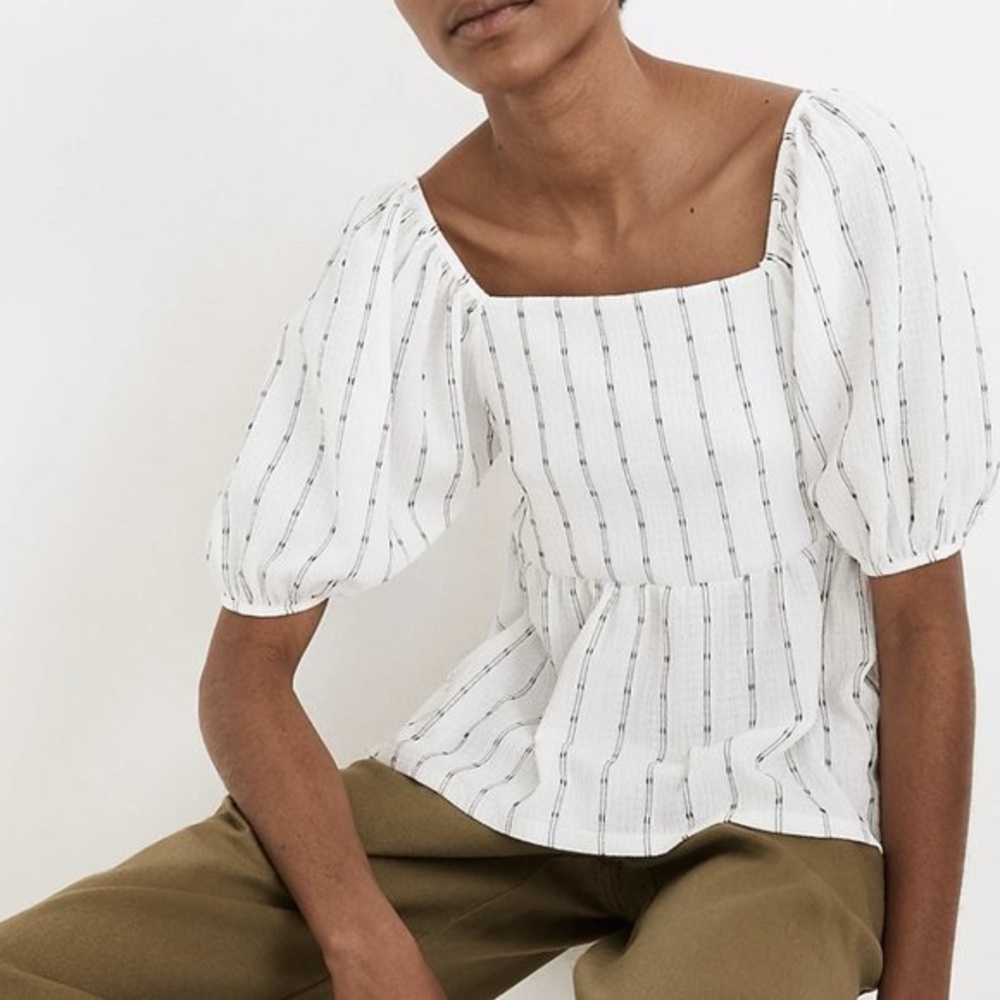 Madewell White Knit-Right-In Dot Pattern Puff Sleeve Textured Empire Top